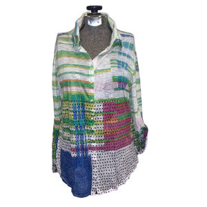 Women's David Cline Button Down Shirt M Multi-color Striped Polka Dot